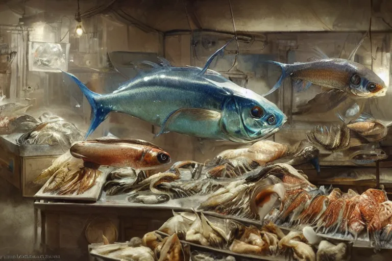 Image similar to fishmonger selling alien fishes by jean - baptiste monge, high quality, high resolution, 4 k, painted by cgsociety, rutkowski, gurney with ambient lighting, concept art, detailed, smooth, dynamic volumetric cinematic lighting, octane, raytrace