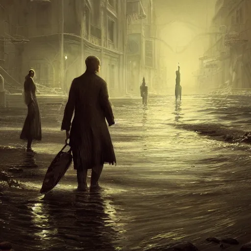 Prompt: shadow over innsmouth, people walking out of water, painted by seb mckinnon, high detail, dramatic light, digital art, painted by greg rutkowski, promotional movie posterart, trending on artstation