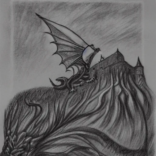 Image similar to welsh dragon above a castle on a hill, pencil work