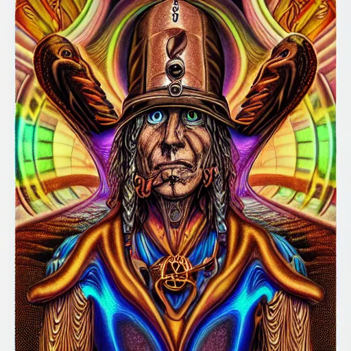 Prompt: steampunk wizard, by alex grey, TOOL band art, psychedelic, fractals, detailed, 8K