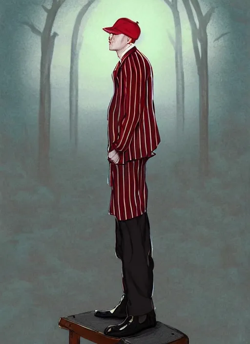 Prompt: Eminem wearing a 1920s red striped outfit, dapper, from scene from Twin Peaks by Michael Whelan, Bob Larkin and Tomer Hanuka, a solo individual portrait of, simple illustration, domestic, nostalgic, full of details, by Makoto Shinkai and thomas kinkade, Matte painting, trending on artstation and unreal engine