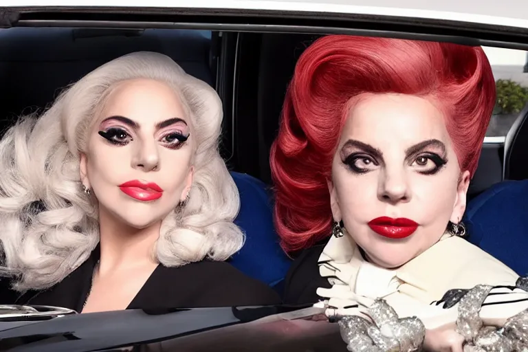 Image similar to lady gaga and judy garland carpool karaoke, highly realistic, highly detailed, high resolution, 8 k 4 k,