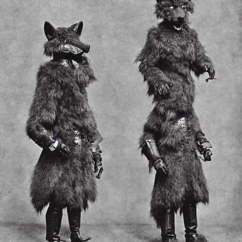 Prompt: anthropomorphic furry wolf in suit of armor of unknown origin, 1900s photograph