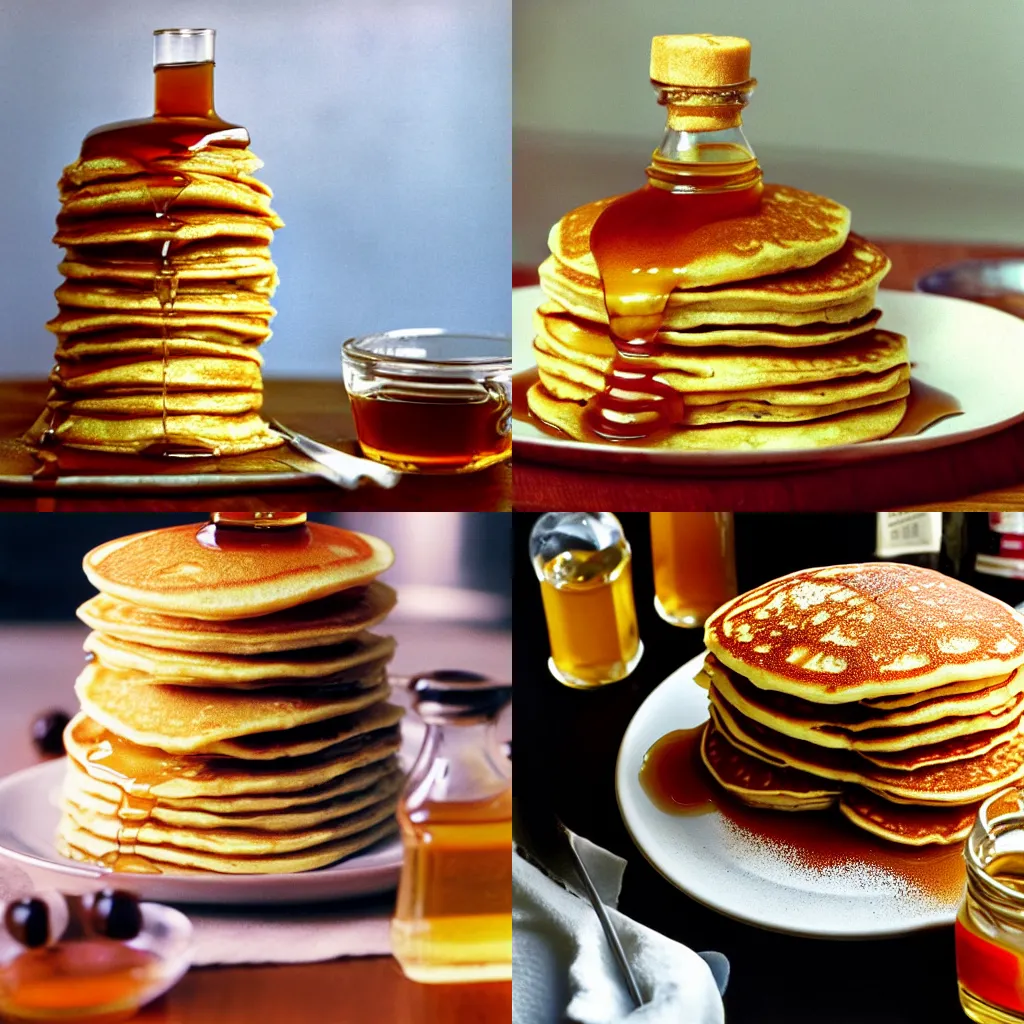 Prompt: A pile of pancakes towers over a bottle of maple syrup and squares made of butter. Film Still.