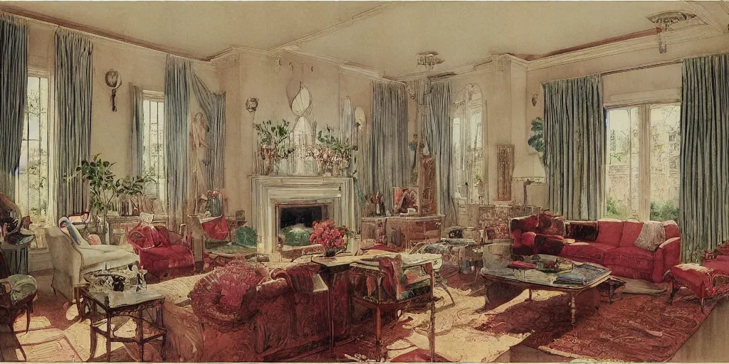 Prompt: a hiper intricate watercolor of a beauty modern living room, reflexions, intricate details, smooth, by william turner art, by greg rutowski by edmund dulac, by carl larson