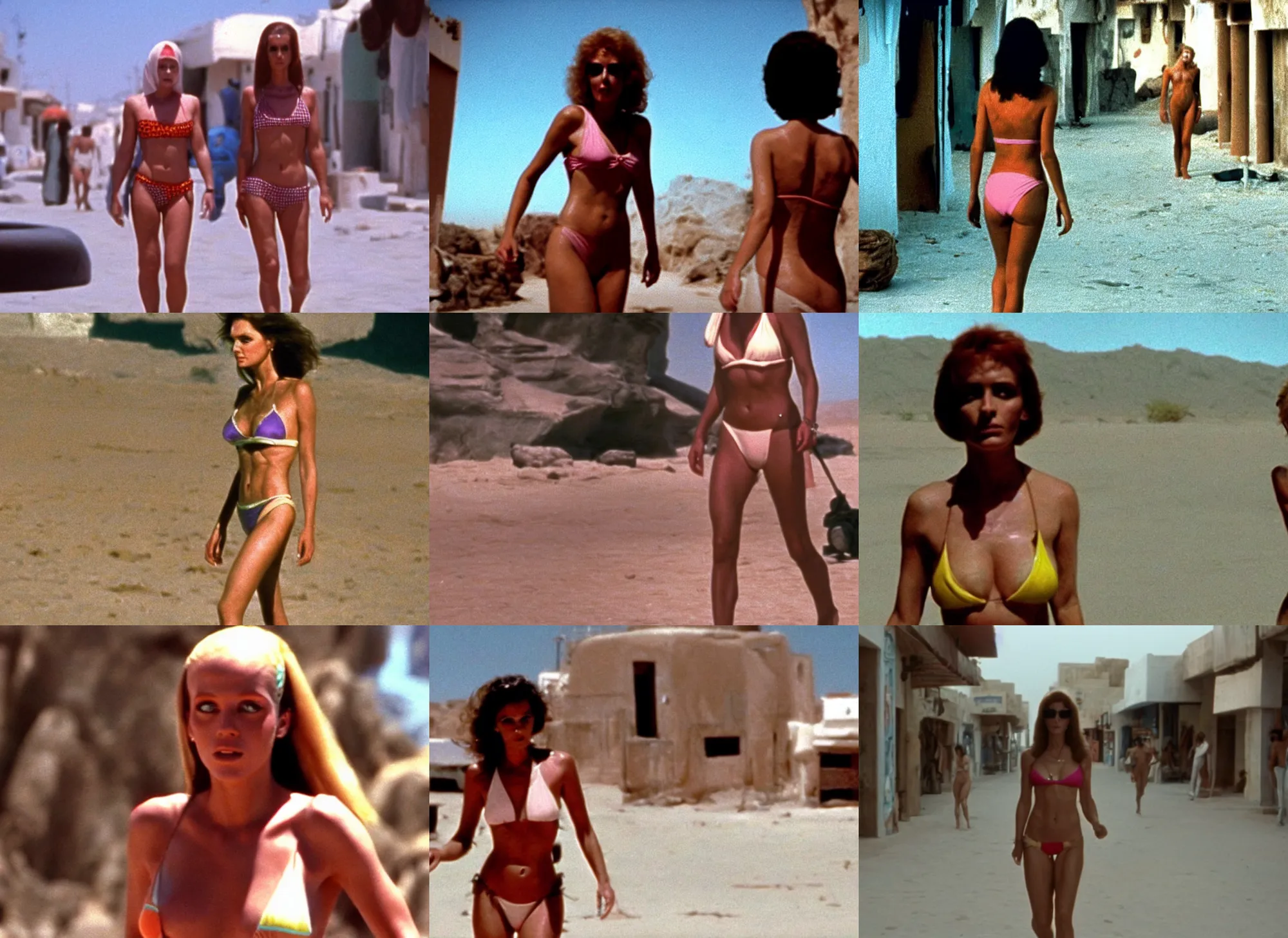 Prompt: color film still of a woman in bikini walking in the arabian town, alien ( 1 9 8 4 ).