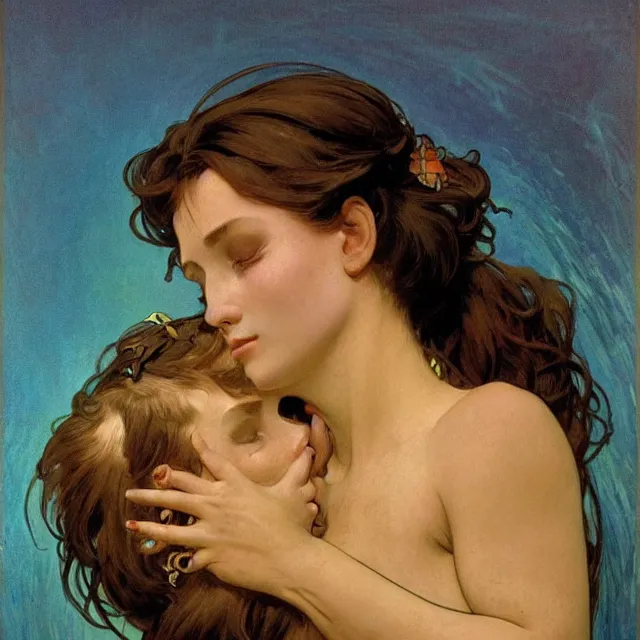 Image similar to an aesthetic! detailed portrait of an aesthetic woman crying mournfully while cradling a child, by frank frazetta and alphonse mucha, oil on canvas, bright colors, art nouveau, epic composition, dungeons and dragons fantasy art, hd, god - rays, ray - tracing, crisp contour - lines, huhd - 8 k