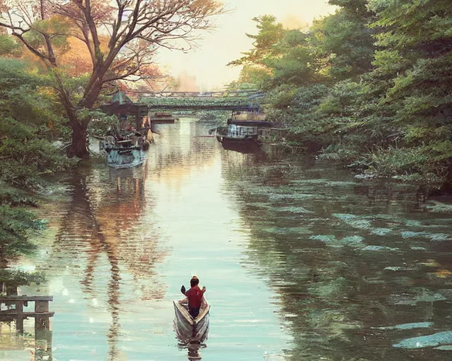 Image similar to one single wooden steam boat in a very narrow river, trees, shady, ripples, reflections. 3 boys and girls are standing in the boat. By Makoto Shinkai, Stanley Artgerm Lau, WLOP, Rossdraws, James Jean, Andrei Riabovitchev, Marc Simonetti, krenz cushart, Sakimichan, trending on ArtStation, digital art.