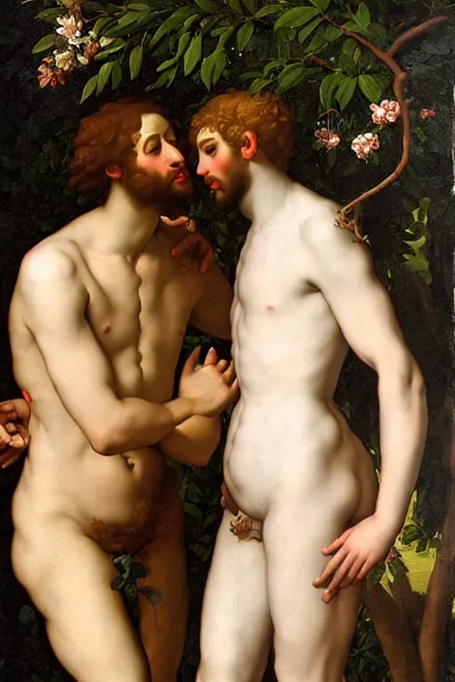 Prompt: renaissance painting of two male lovers in the garden, closeup, interest face, emotions closeup, dressed in roman Armour, white robes, the beautiful garden with thorn branches everywhere, ultra detailed, art by Guido Reni style, Vincenzo Catena style