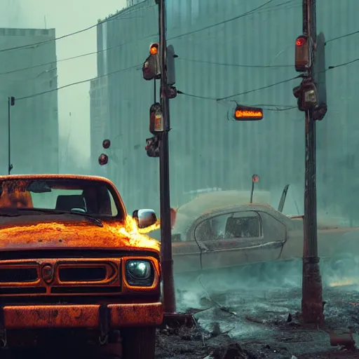 Image similar to photograph of a rusty dodge ram on fire in the street by simon stalenhag