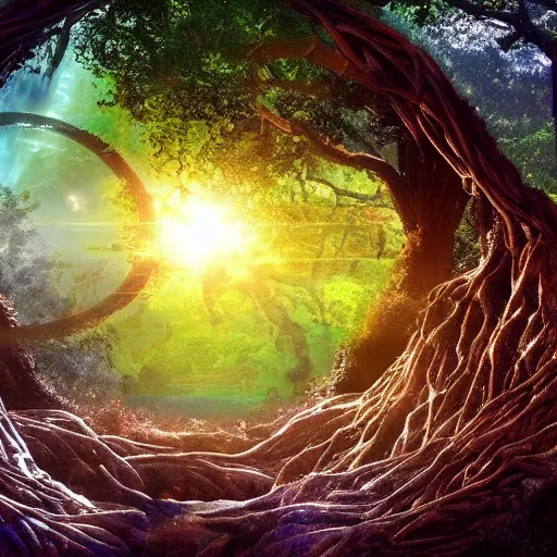 Image similar to stargate portal full of water bursting to another dimension inside a beautiful tree in a densely overgrown jungle, fantasy, dreamlike sunrise volumetric lighting, ultra realistic, atmospheric, stopped in time, epic