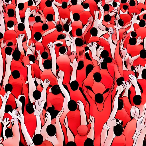 Prompt: a red person stylized is being indicated by many hands. curcular composition