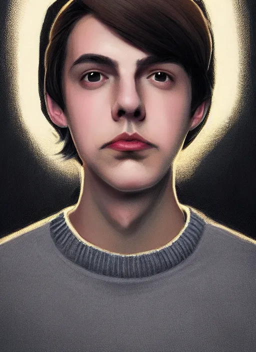 Image similar to portrait of teenage jughead jones wearing a light grey crown, photorealistic, crown, eyes closed, crown, black hair, sweater with letter s on it, letter s, intricate, elegant, glowing lights, highly detailed, digital painting, artstation, concept art, smooth, sharp focus, illustration, art by wlop, mars ravelo and greg rutkowski