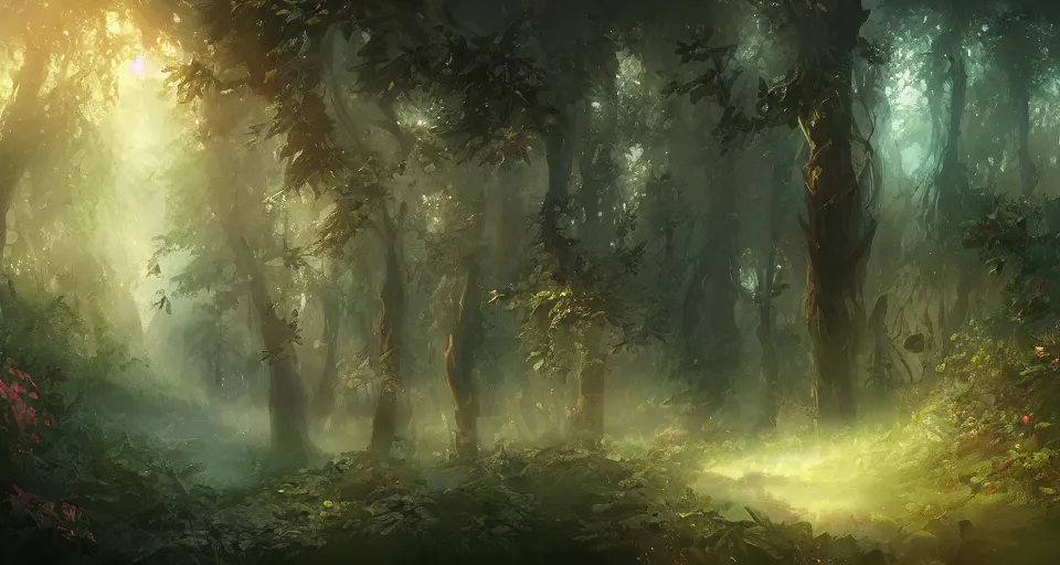 Image similar to Enchanted and magic forest, by WLOP