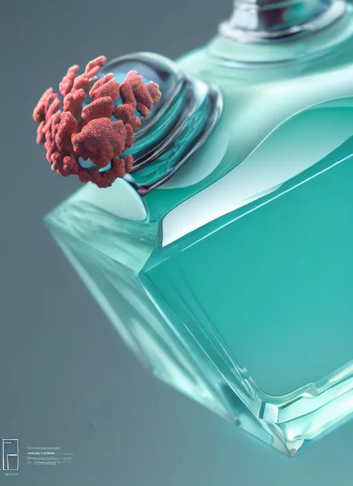 Image similar to perfume bottle covered in seafoam and corals, up close shot, sharp focus, global illumination, radiant light, alexandre ferra white mecha, irakli nadar, octane highly render, 4 k, ultra hd,