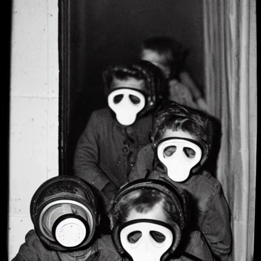 Prompt: children wearing gas masks huddled in a classroom watching a bright flash outside the window. burned 35mm photo