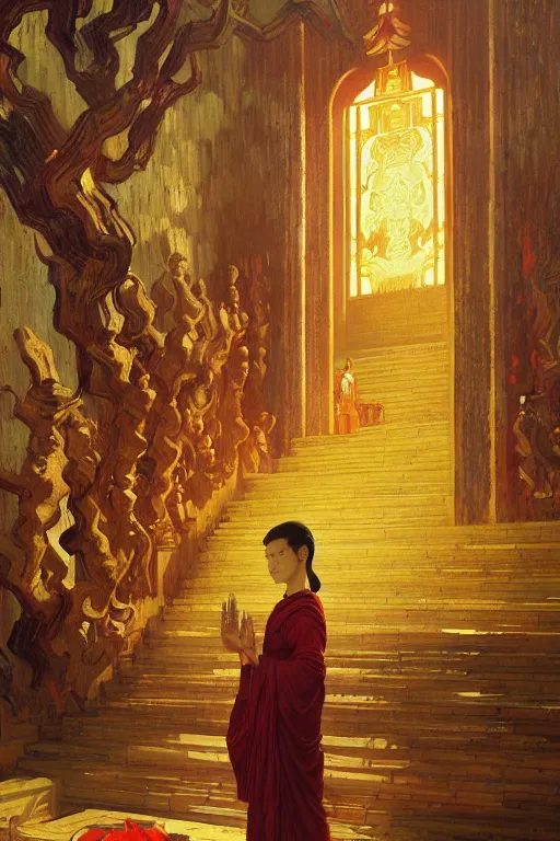 Image similar to temple, buddhism, painting by greg rutkowski, artgerm, vincent van gogh, j. c. leyendecker