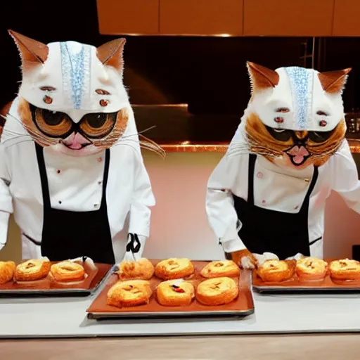 Prompt: anthropomorphic cats competing at masterchef, studio shot