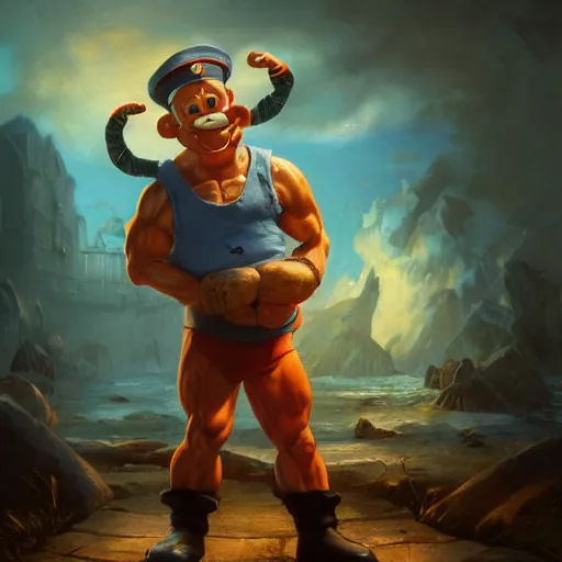 Image similar to 3 5 mm photo of popeye the sailor man, huggy wuggy from poppy playtime video game, fullbody, ultra high detailed, glowing lights, oil painting, greg rutkowski, charlie bowater, beeple, unreal 5, daz, hyperrealistic, octane render, rpg portrait, dynamic lighting, fantasy art, beautiful face, old photo, antique photo