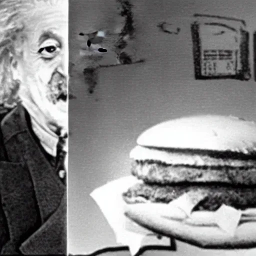 Image similar to CCTV footage of einstein stealing a gigantic hamburger from mcdonalds,