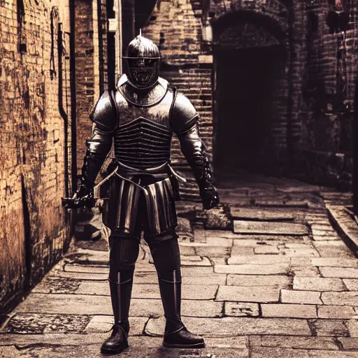 Prompt: knight holding a sword standing in an old london alley, ominous, chilly dark mood, very sharp image, hyper realistic, symmetrical, 4 k, highly ornate intricate details,