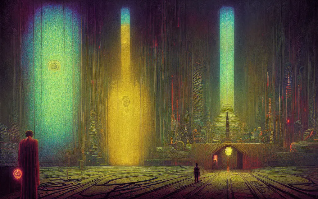 Prompt: iridescent hyperpop cyberpunk grand temple, future perfect, award winning digital art by santiago caruso and odilon redon