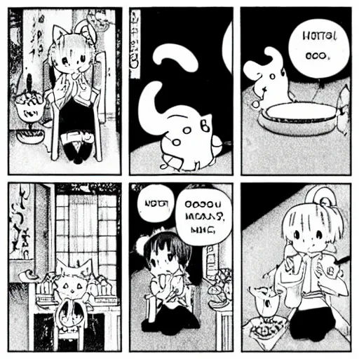 Prompt: a four panel black and white manga by Naoko Takeuchi and Hayao Miyazaki of a cat eating rice, cat eating rice 4koma manga