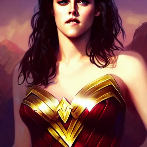 Image similar to Beautiful Kristen Stewart as Wonder Woman, western, D&D, fantasy, intricate, elegant, highly detailed, digital painting, artstation, concept art, matte, sharp focus, illustration, art by Artgerm and Greg Rutkowski and Alphonse Mucha