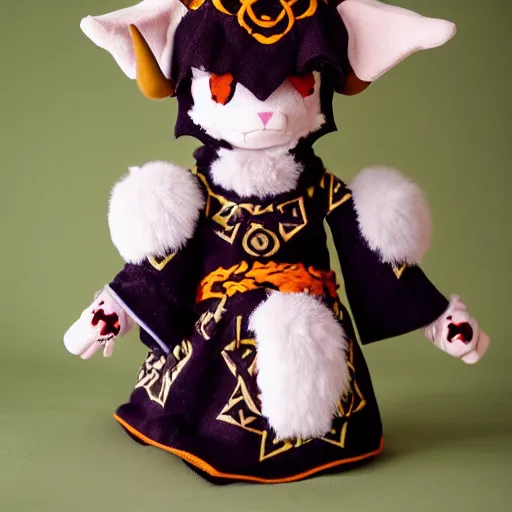 Prompt: cute fumo plush of a goat girl with horns, anime girl, tribal outfit with intricate celtic knot patterns, gothic maiden shaman, pagan goddess, glowing, bokeh, artstation, gamecube