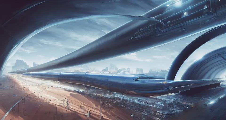 Image similar to A highly detailed matte oil painting of a gigantic transparent hyperloop tube with capsules moving at supersonic speed by Grant Yun, hyperrealistic, cinematic angle, breathtaking, beautiful composition, by Artgerm, volumetric lighting, intricate insanely detailed octane render, 8K resolution, high contrast, trending on artstation, future art