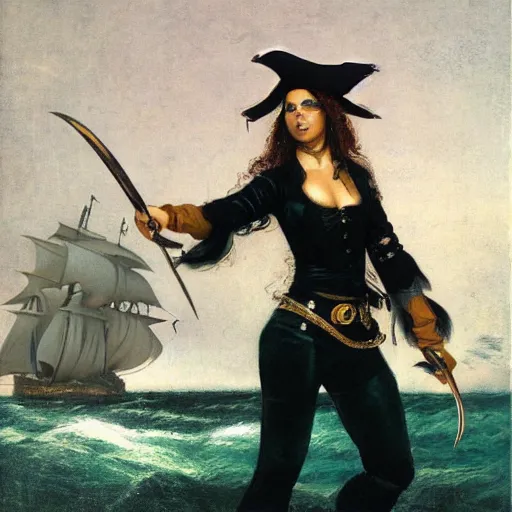 Prompt: a pirate with iridescent skin, irridescent shark colored makeup, her stance is Swashbuckling, art by courbet