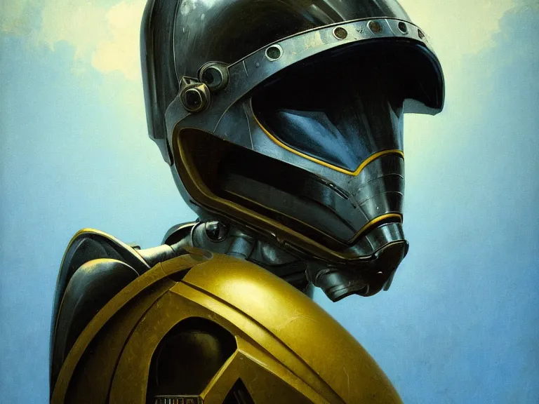 Image similar to a detailed profile painting of a bounty hunter in armour and visor, cinematic sci-fi poster. Flight suit, anatomy portrait symmetrical and science fiction theme with lightning, aurora lighting clouds and stars. Clean and minimal design by beksinski carl spitzweg and tuomas korpi. baroque elements. baroque element. intricate artwork by caravaggio. Oil painting. Trending on artstation. 8k