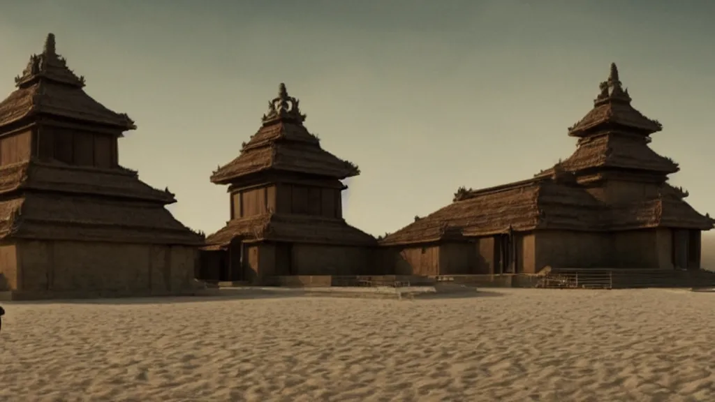 Prompt: the strange temple on the beach, they walk inside, film still from the movie directed by denis villeneuve and david cronenberg with art direction by salvador dali, wide lens