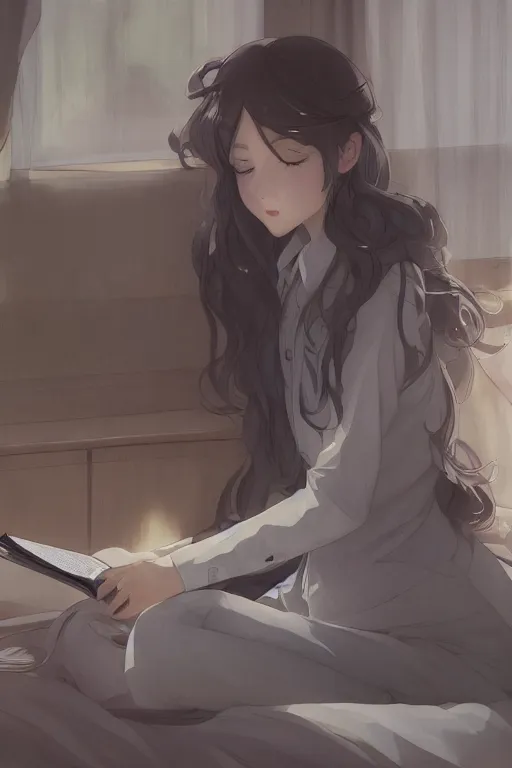 Prompt: a girl in a jk uniform outfit in the bedroom reading a book in a night, raining outside the window, grey theme ， wavy white long hair, by krenz cushart and mucha and akihito yoshida and greg rutkowski and makoto shinkai, detailed eyes, 4 k resolution