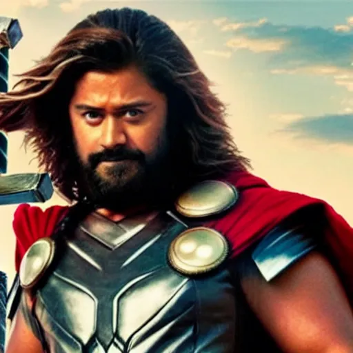 Image similar to film still of rocking star yash as thor in thor ragnarok