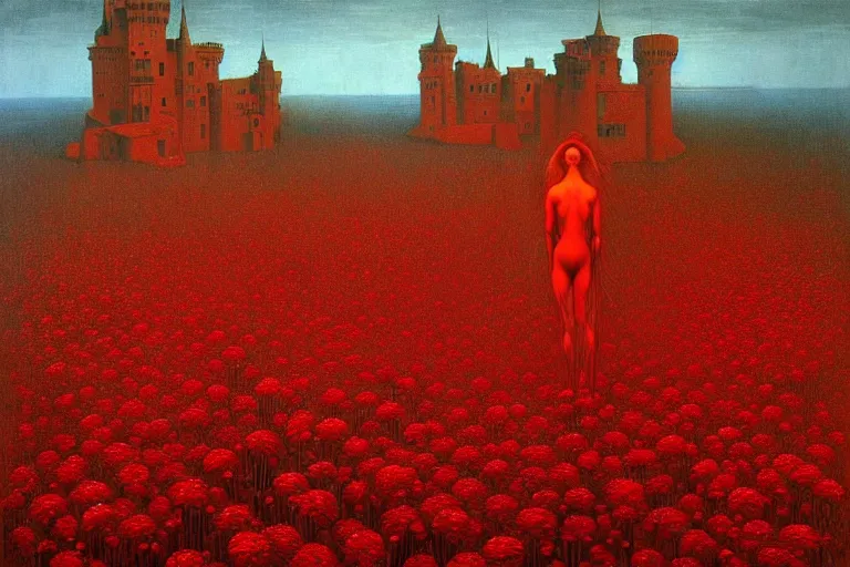 Image similar to only with red, red flowers of different types, a red tiger, a castle in the background, medieval demons dance over the flowers, an ancient path, in the style of beksinski, part by hopper, part by rodcenko, part by hofbauer, intricate composition, red by caravaggio, insanely quality, highly detailed, masterpiece, red light, artstation