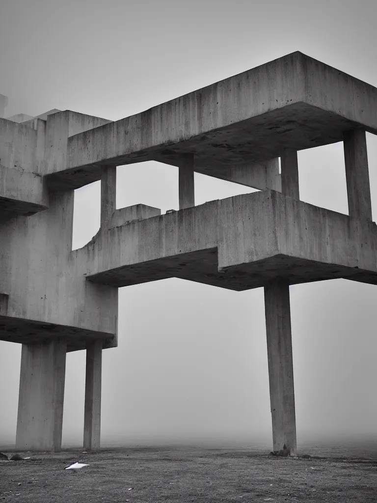 Prompt: High resolution black and white photograph with a 22mm F/12.0 lens of a Brutalist architectural building in Albania in the 1970s in the middle of a deserted nowhere while foggy and cloudy.