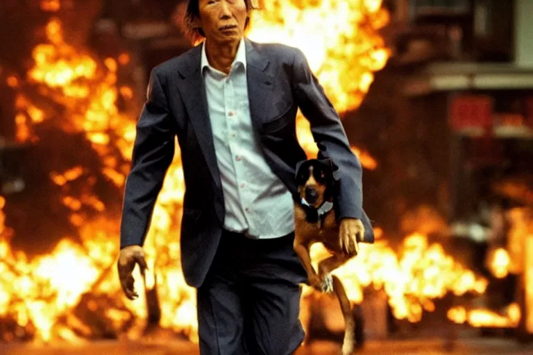 Image similar to cinematography action movie closeup portrait of a Japanese business man carrying his dog running from an explosion in Tokyo by Michael Bay