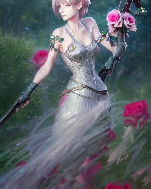 Image similar to an elegant lady surrounded by holographic swords in a garden full of roses, final fantasy, cushart krenz, cushart krenz, goddess, unreal engine, very detailed, realistic face, detailed face, matte, tonemapping, perfection, 4 k