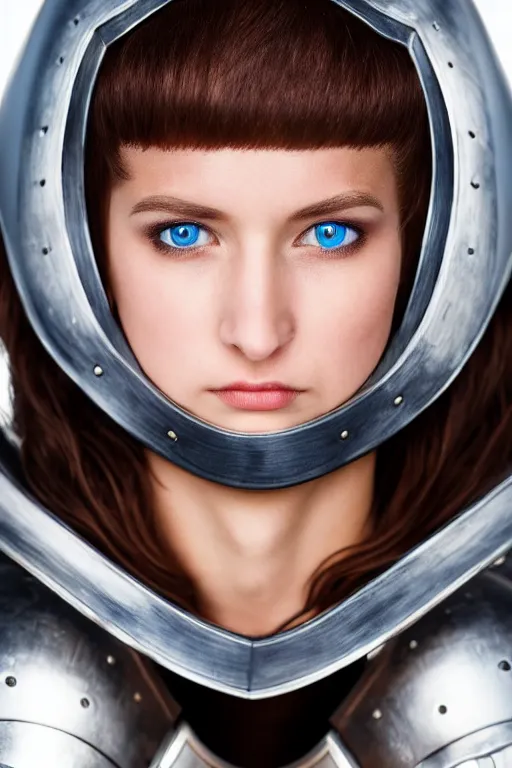 Prompt: female knight, brown hairs, no helmet, blue eyes, armor created by louis vuitton, lv logos, symmetrical, cinematic, elegant, professional studio light, real dlsr photography, sharp focus, 4 k, ultra hd, sense of awe