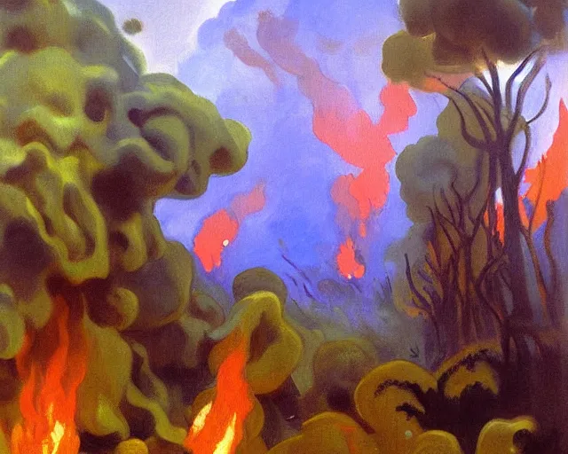 Image similar to coral reef forest fire. painting by John Singer Sargent