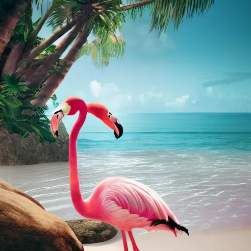 Image similar to pink flamingo with yoda ears wearing a ruffled dress on a palm tree beach, greg rutkowski and jason chan highly detailed cinematic lighting octane render unreal engine