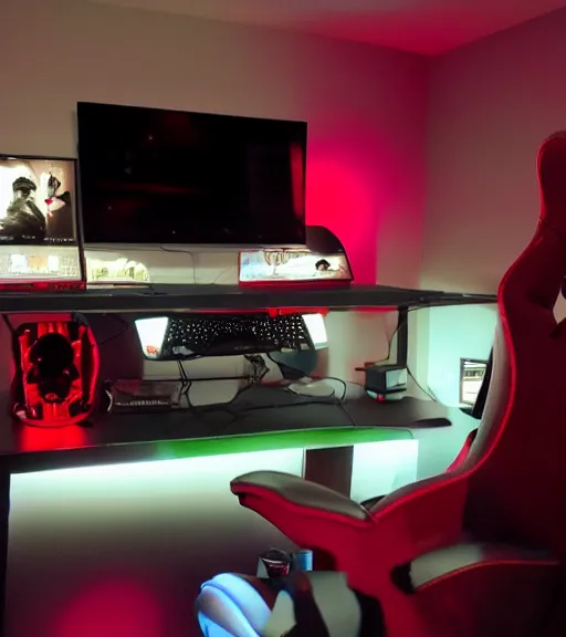 Image similar to gamer room with a person, red led lights, gamer chair