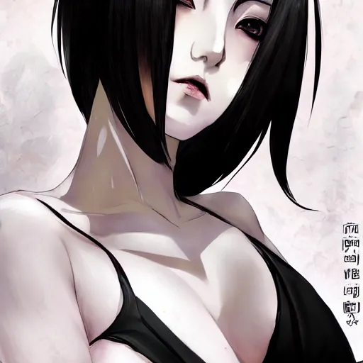 Image similar to heroine, beautiful, sui ishida with black hair art manga, hyperrealistic, highly detailed, a real photographic, digital art, digital art, 8 k, character, realistic, portrait, female samurai, symatrical, dark atmospheric lighting, manga style, artstation, symetric, lineart