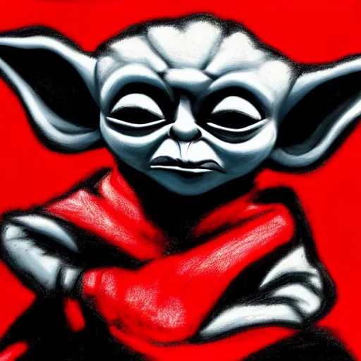 Image similar to abstract drawing of black and red baby yoda with black background, high contrast, 4k