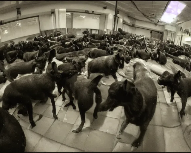 Prompt: camera footage of a Dozens of Feral Black Dogs with rabies running in an abandoned shopping mall, high exposure, dark, monochrome, camera, grainy, CCTV, security camera footage, timestamp, zoomed in, Feral, fish-eye lens, Nightmare Fuel, Dog, Evil, Zerg, Brood Spreading, Motion Blur, horrifying, lunging at camera :4