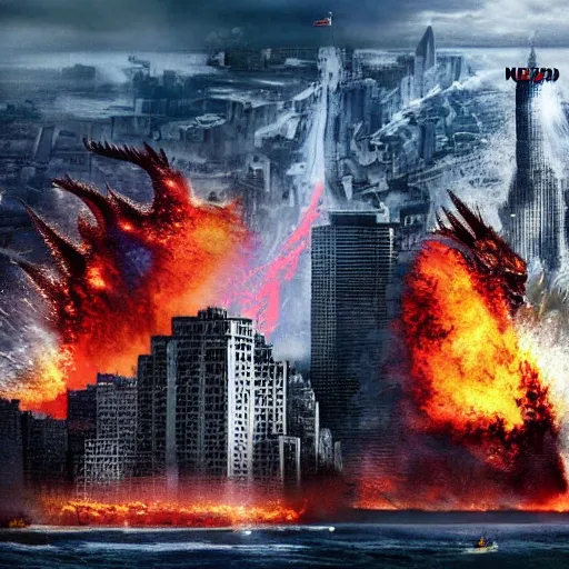 Prompt: kim jong un as godzilla destroying manhattan new york city, kim jong - un, godzilla, destruction, hyper realistic, photo