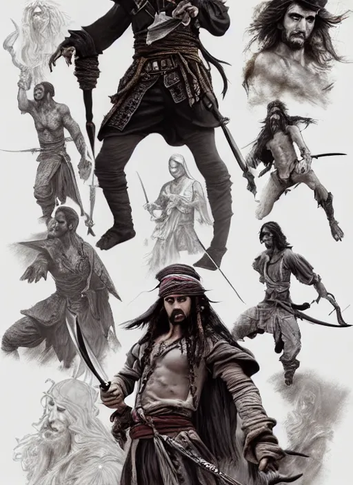 Image similar to detailed pencil spot illustrations of various character concepts from the prince of persia and game of pirates of the caribbean movie, various poses, by burne hogarth, by bridgeman, by anthony ryder, by yoshitaka amano, by ruan jia, by conrad roset, by mucha, cgsociety, artstation.