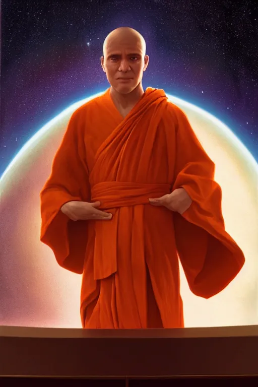 Image similar to portrait of a monk in a spaceship, window, nebula, orange robe, dramatic lighting, artstation, matte painting, ralph mcquarrie