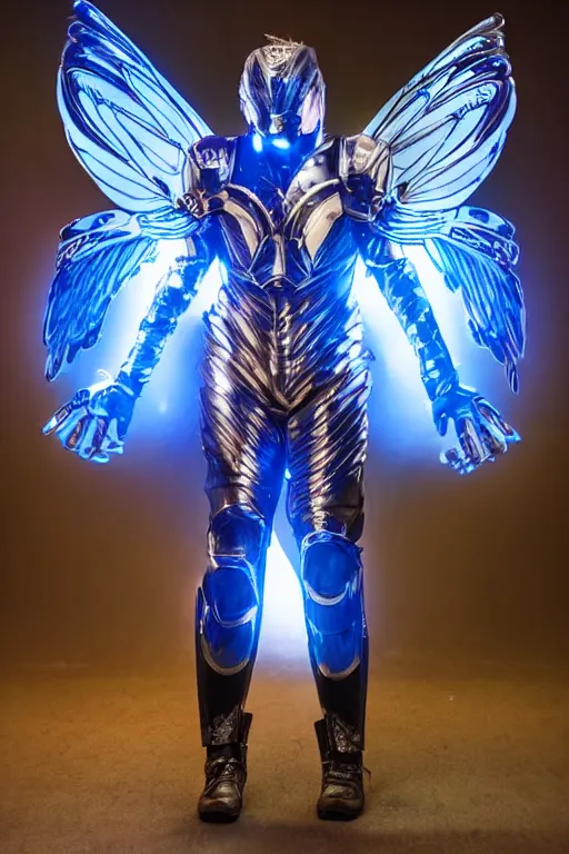 Image similar to full body celestial confident man in futuristic armor, blue glowing double Hummingbird wings, floating in air, beautiful lighting, comic book style